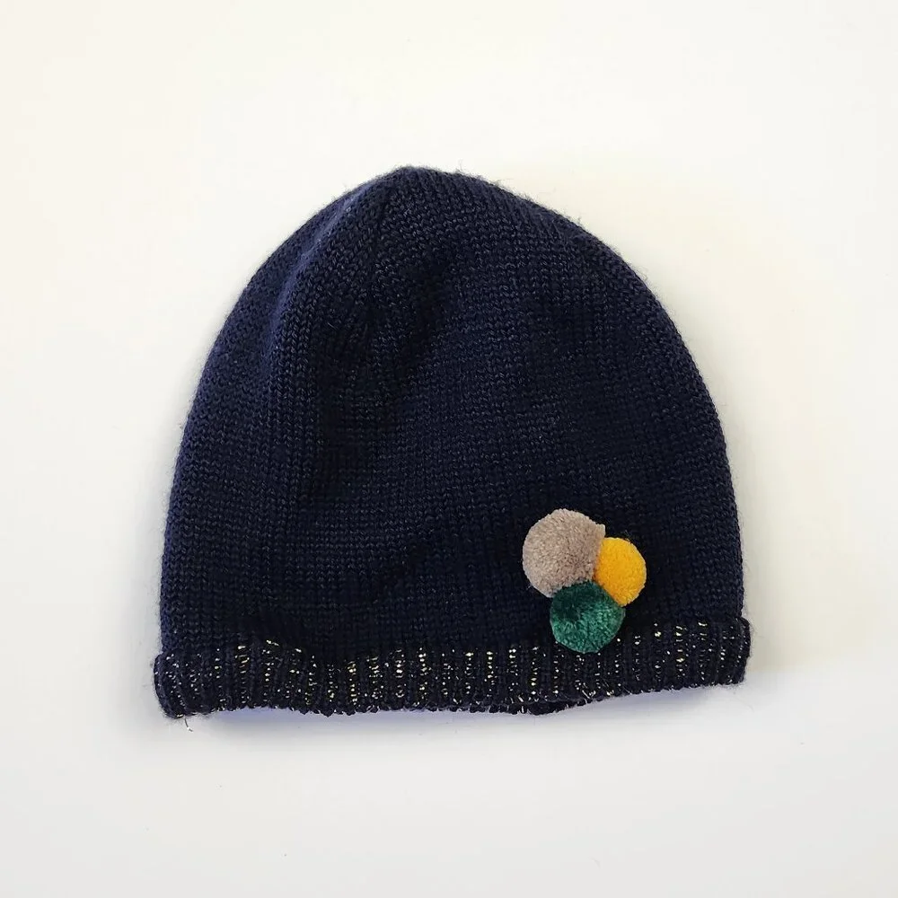 Petit Bateau Navy Blue Wool Blend Knit Fleece Lined Pompom Beanie sz 53cm 6-8Y